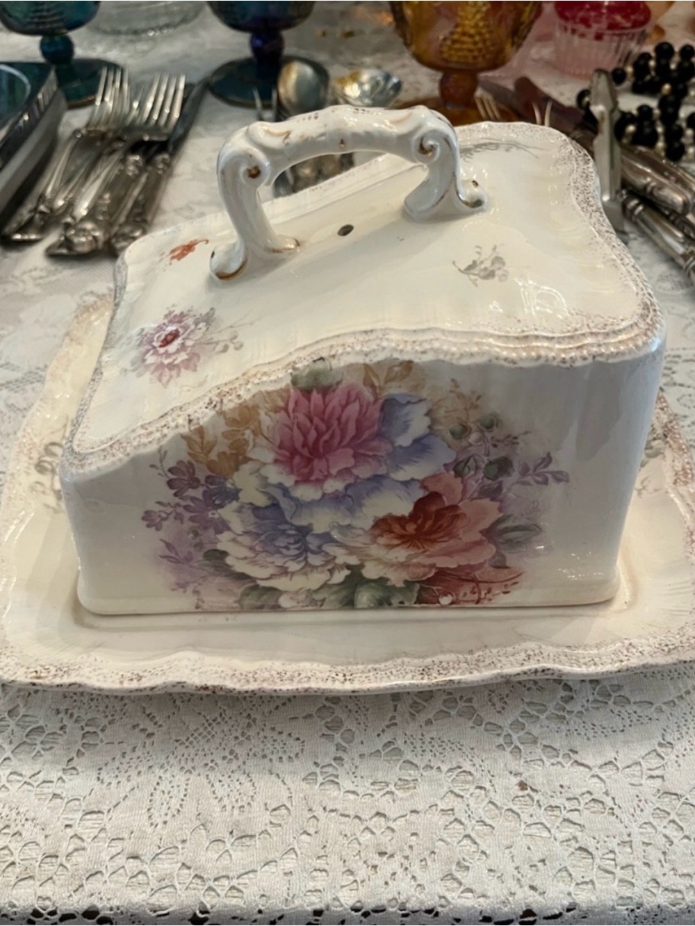 Antique Austrian Porcelain Floral Covered Dish Tray Cottagecore Decor - Picture 3 of 12